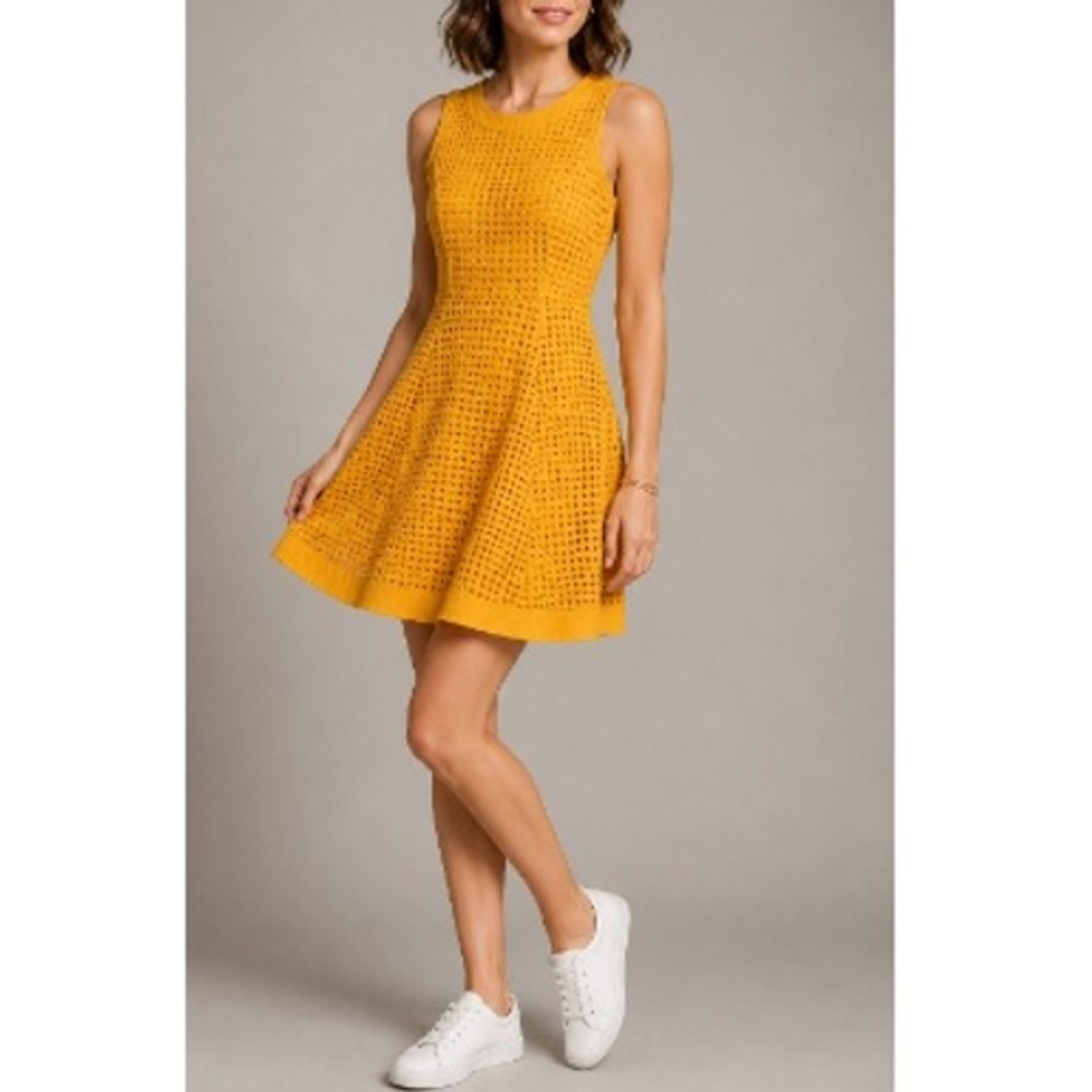 Tommy Hilfiger Women's Yellow Eyelet Fit Flare Sleeveless Pocket Dress Size 4